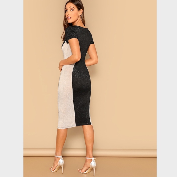 Color Block Lurex Contour Bodycon Dress Glitter - Picture 3 of 7